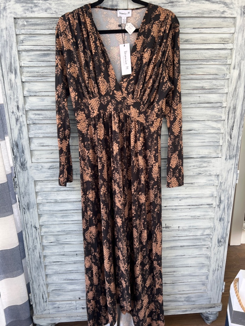 NWT Veronica M Black and Tan Abstract Print Maxi Dress Size M